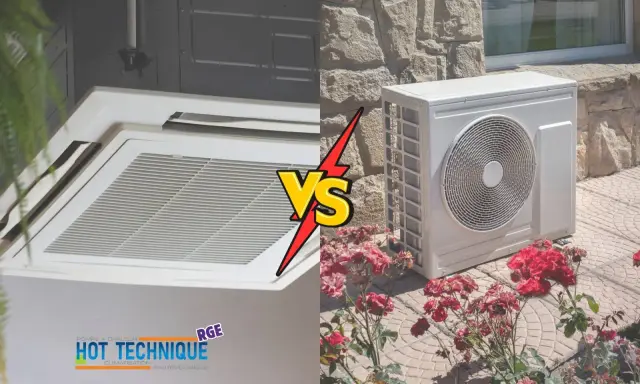 Comparaison entre une unité intérieure de climatisation et une unité extérieure de PAC réversible, avec des roses en premier plan.