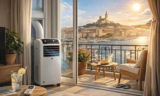 Climatiseur mobile en mode swing, diffusant une brise fraîche sur un balcon avec vue sur la mer et la ville ensoleillée.