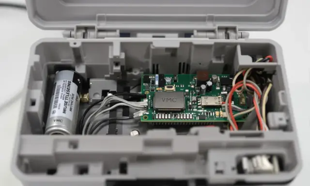 Intérieur d'un boîtier gris ouvert, révélant un circuit imprimé VMC, une batterie et des fils. Le VMC qui bip pourrait indiquer un problème.