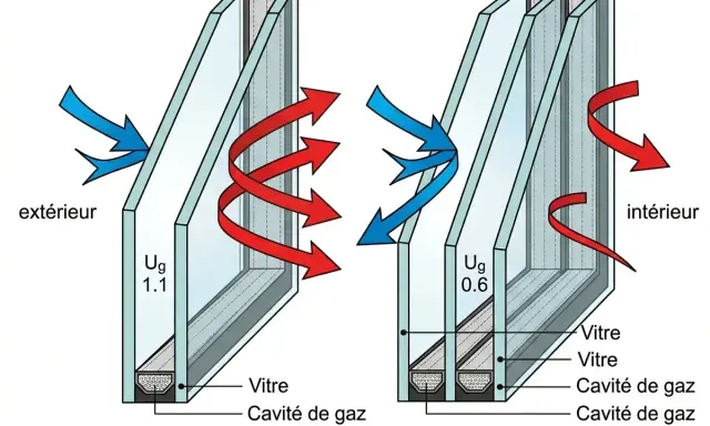 Comparaison double et triple vitrage : l'épaisseur des cavités de gaz réduit la déperdition thermique.