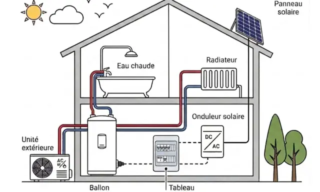 Schéma d'une maison avec un ballon thermodynamique, un panneau solaire, un radiateur et une unité extérieure.