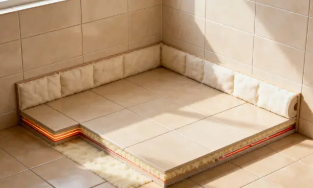 Coupe d'un sol carrelé montrant le système de chauffage et l'isolation sous carrelage, avec des matériaux isolants moelleux sur les côtés.