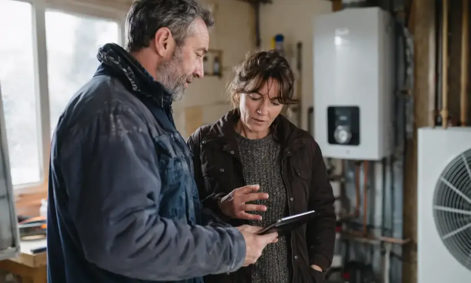 Un couple discute sur une tablette, visiblement déçu par un refus de banque pour un éco-prêt à taux zéro.