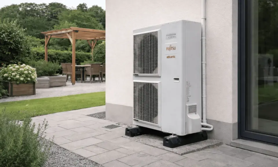 Unité extérieure d'une pompe à chaleur Fujitsu Atlantic, installée sur une terrasse. L'image suggère la fiabilité et la durée de vie d'une pompe à chaleur.