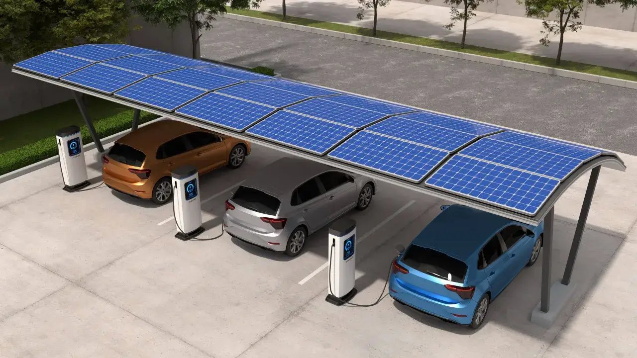 Voiture électrique en charge sous un abri solaire. L'aide panneau photovoltaïque alimente les bornes de recharge pour un avenir durable.