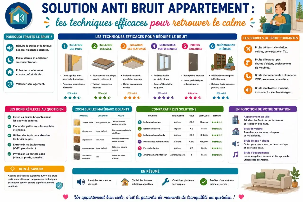 Les techniques efficaces pour réduire le bruit : isolation des murs, sols, plafonds, menuiseries, portes et aménagement intérieur pour une isolation phonique optimale.