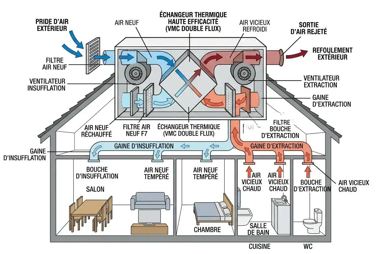 Schéma d'une VMC double flux. Ce système gère l'air intérieur pour éviter l'humidité maison, en filtrant et réchauffant l'air neuf tout en évacuant l'air vicié.