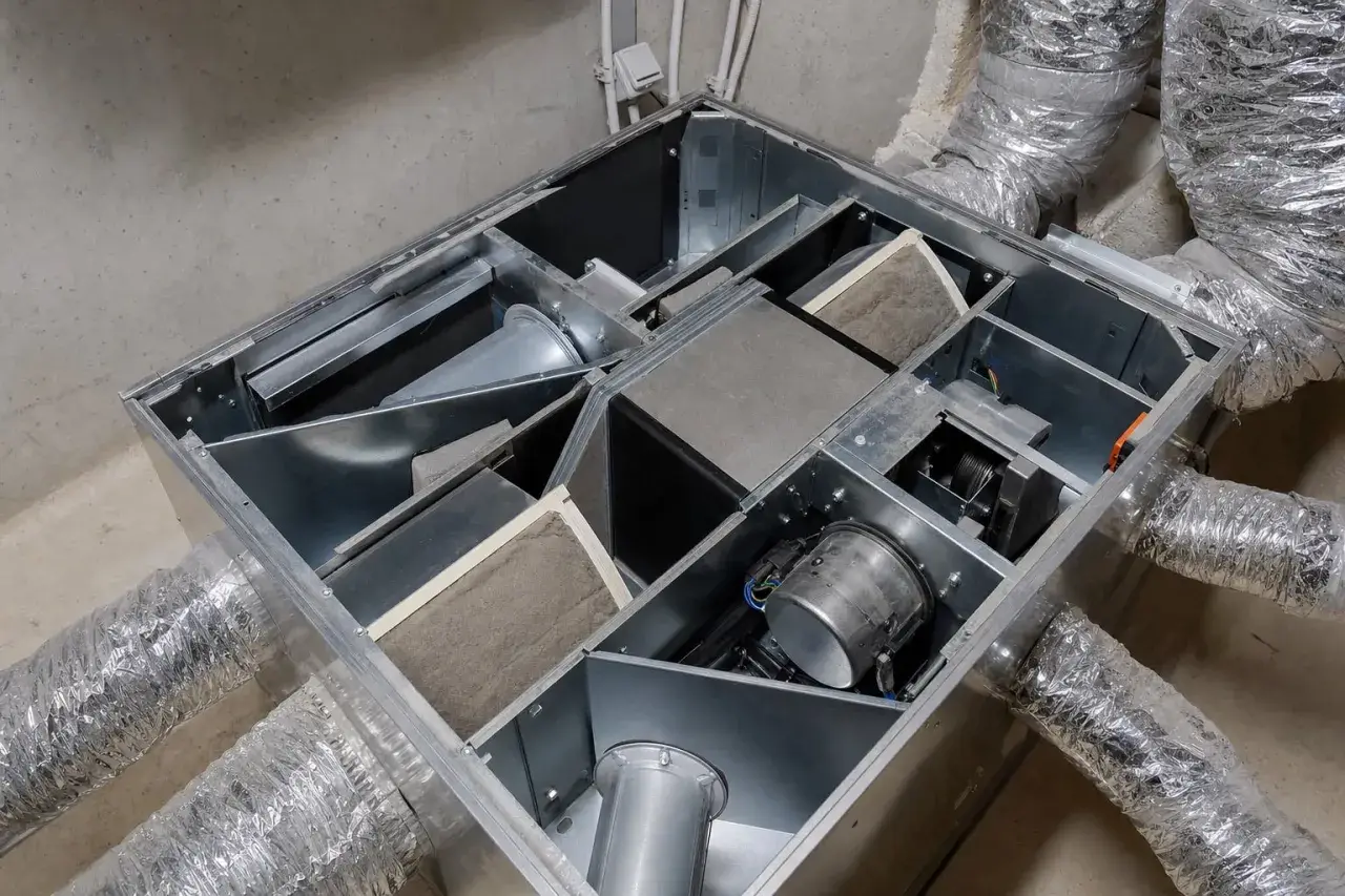 Vue détaillée d'une unité VMC double flux, prête pour son entretien. Les filtres et le ventilateur sont visibles dans le caisson métallique.
