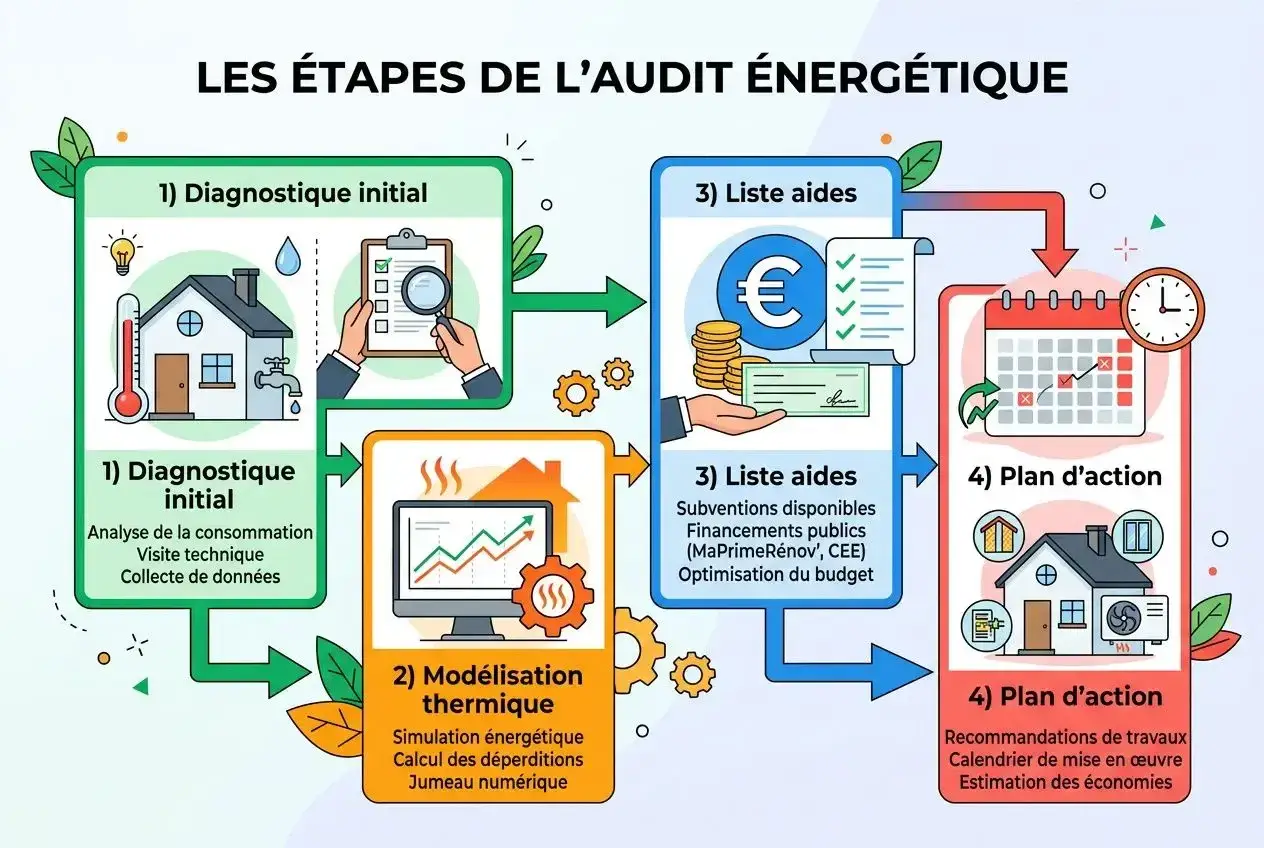 Les étapes de l'audit énergétique obligatoire copropriété : diagnostic, modélisation, aides financières et plan d'action pour optimiser votre budget.