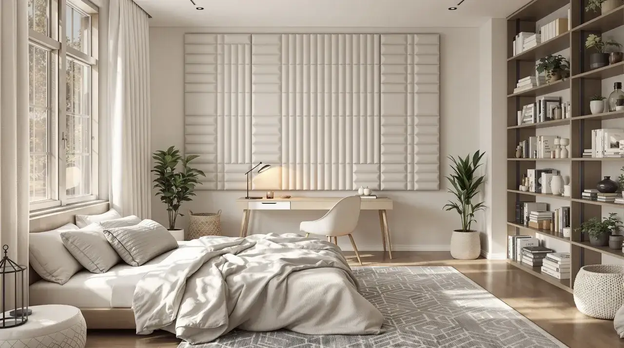 Chambre &agrave; coucher moderne avec mur capitonn&eacute;, id&eacute;al pour comment insonoriser une chambre &agrave; coucher. Lit douillet, bureau et &eacute;tag&egrave;res remplies de livres.