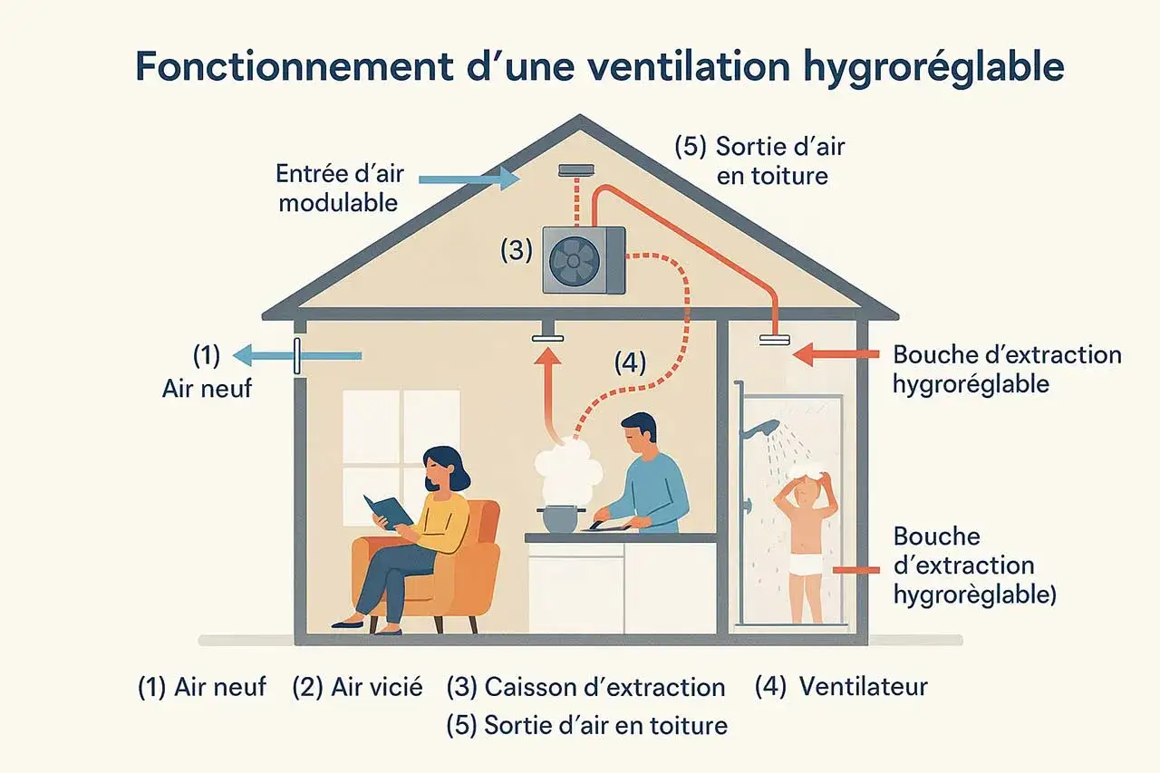 Sch&eacute;ma illustrant le fonctionnement d'une ventilation hygror&eacute;glable : air neuf entrant, extraction d'air vici&eacute; (cuisine, douche) via bouches hygror&egrave;glables.