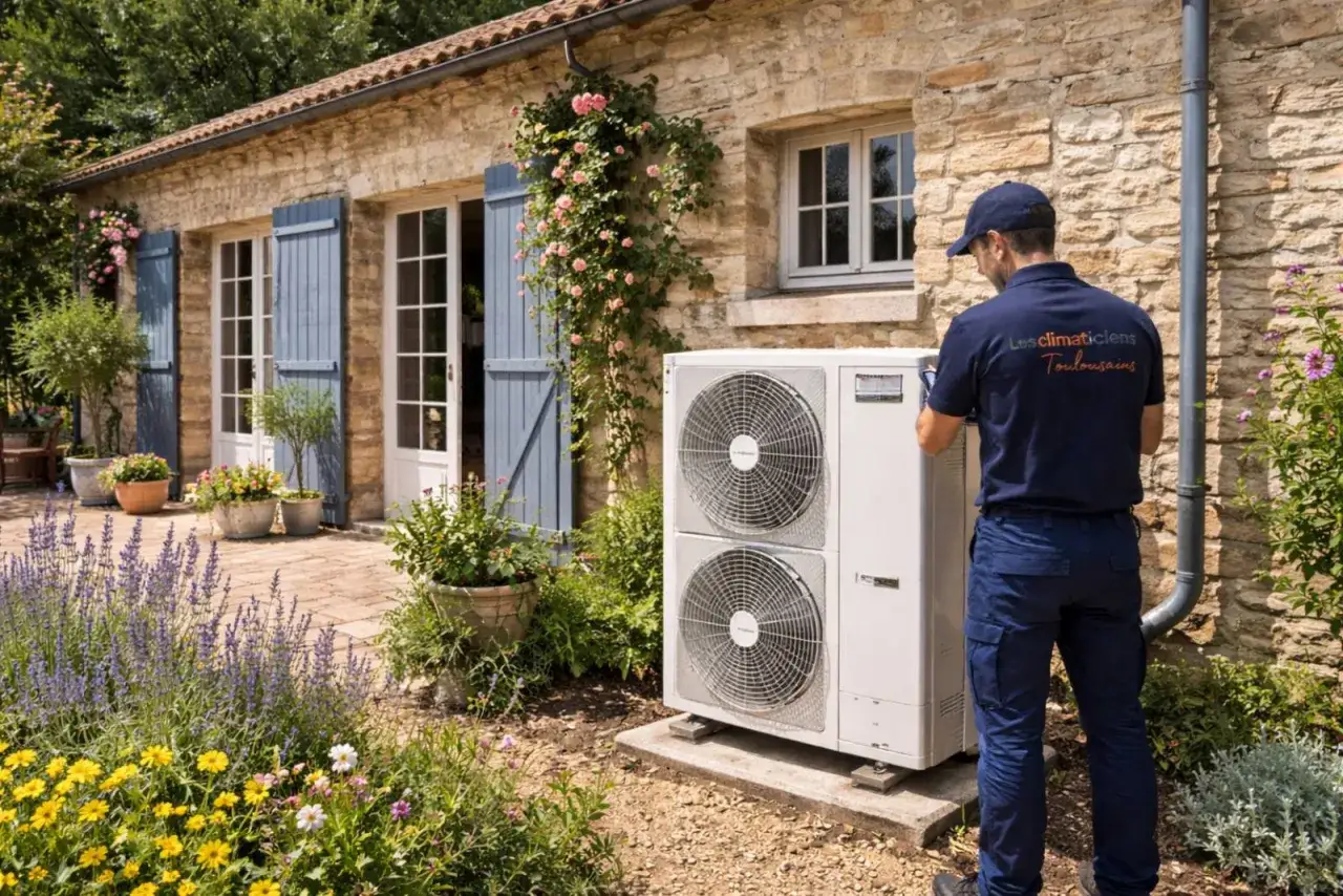 Un technicien installe une unit&eacute; ext&eacute;rieure de climatisation, un syst&egrave;me prime cee intermarch&eacute;, devant une maison en pierre avec des volets bleus et des fleurs.
