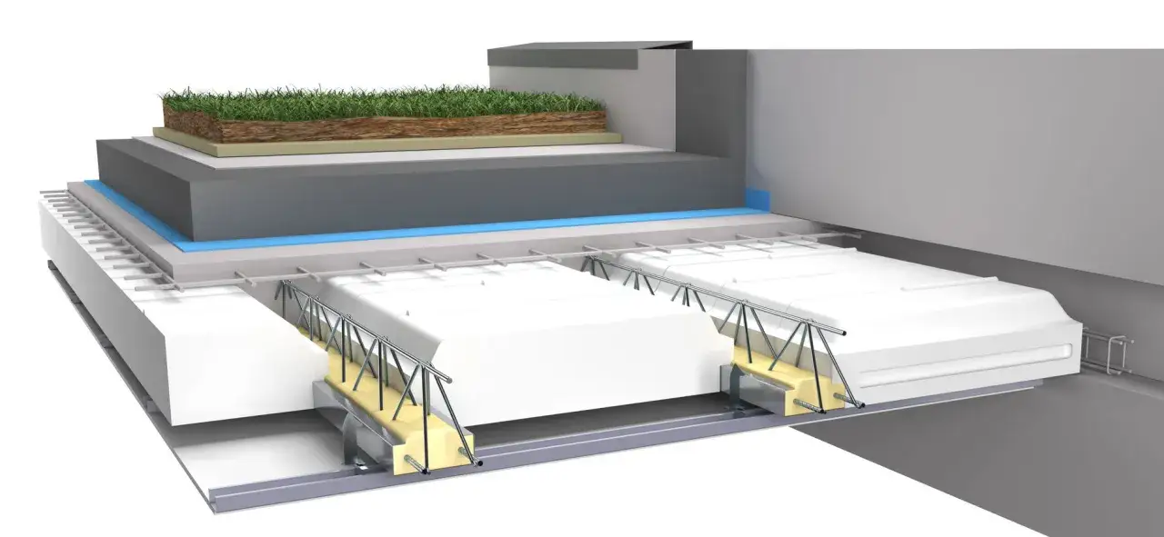 Coupe d'un toit-terrasse v&eacute;g&eacute;talis&eacute;, montrant l'isolation, la structure et les couches de drainage.