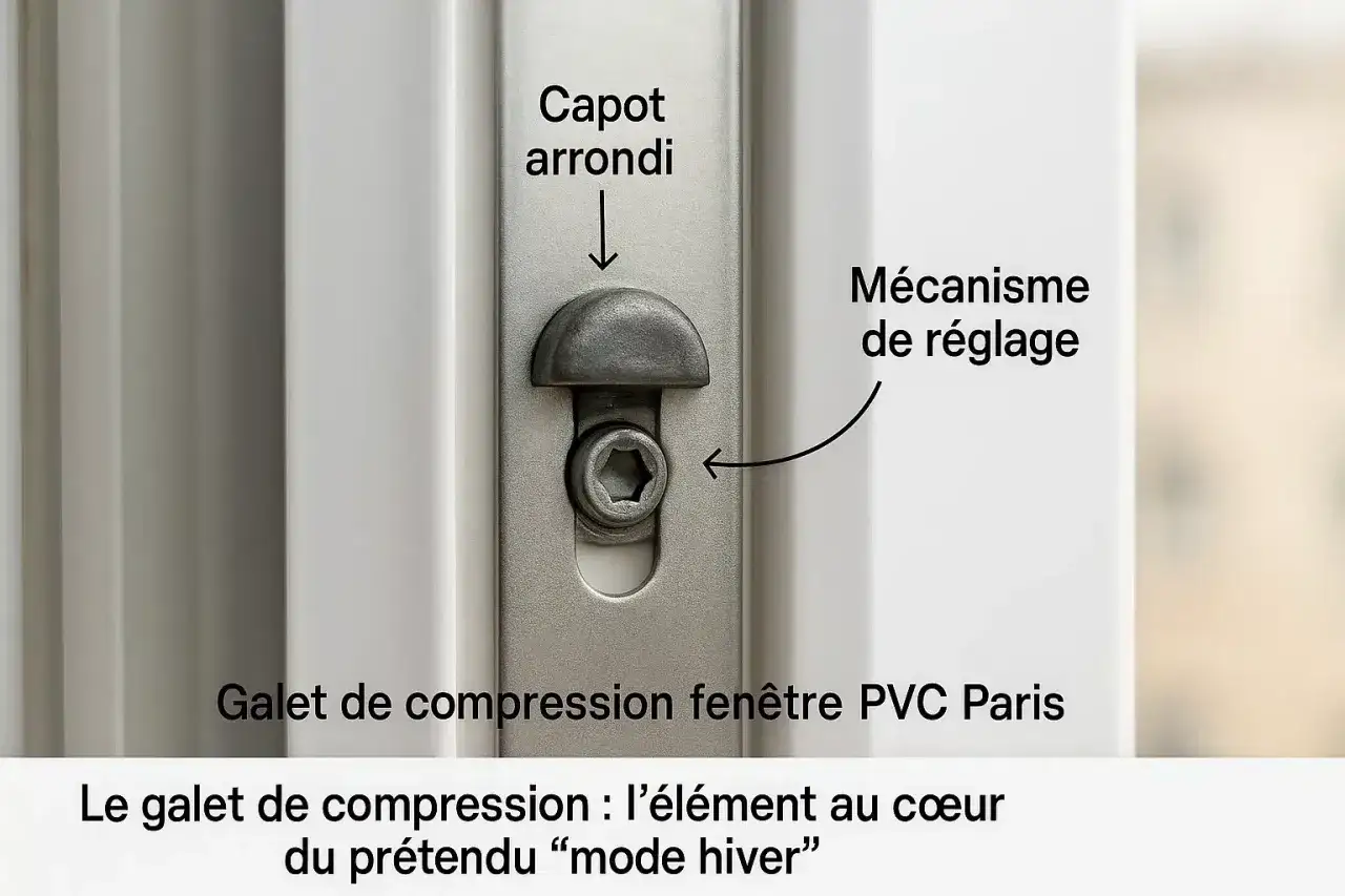 D&eacute;tail d'un galet de compression sur une fen&ecirc;tre PVC, essentiel pour le r&eacute;glage du mode hiver.