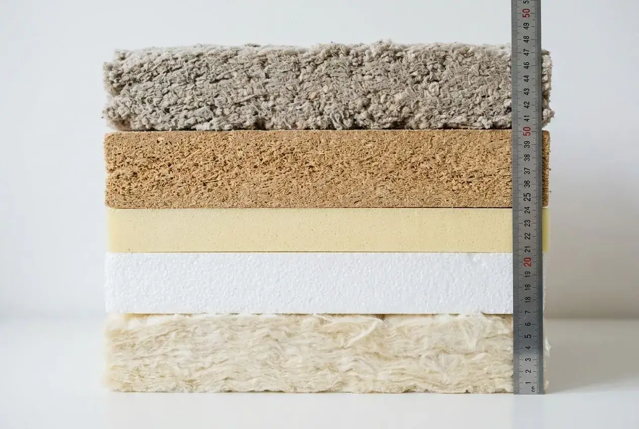 Empilement de mat&eacute;riaux d'isolation thermique, du plus dense au plus a&eacute;r&eacute;, pour comparer le meilleur isolant thermique.