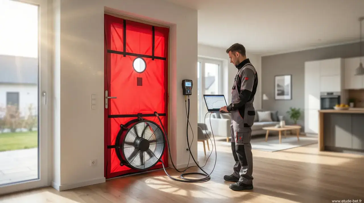 Un technicien v&eacute;rifie l'isolation d'une maison avec un test d'infiltrom&eacute;trie RE2020. Un ventilateur est install&eacute; dans une porte rouge pour mesurer les fuites d'air.