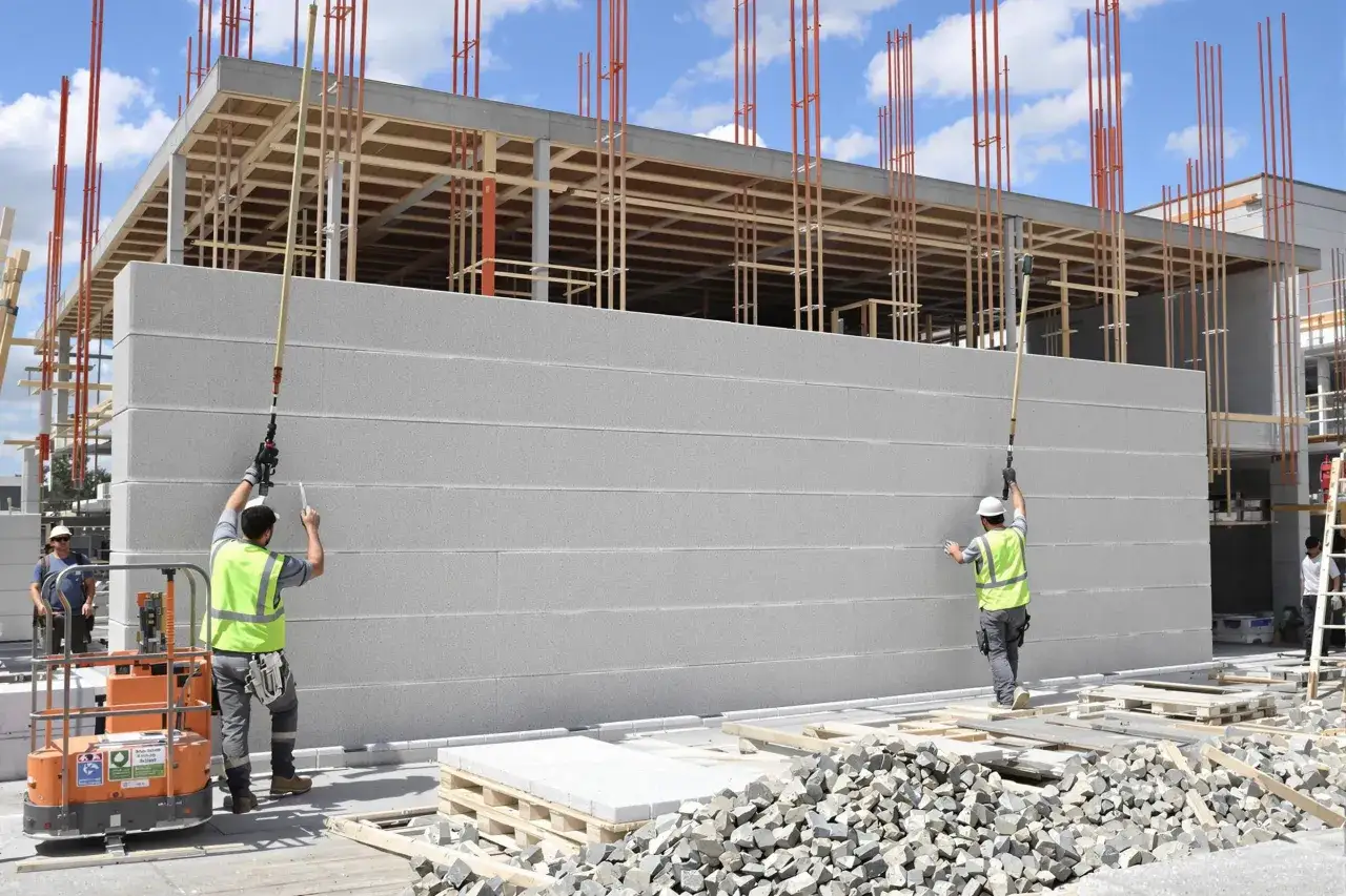 Chantier de construction : des ouvriers installent des blocs de b&eacute;ton cellulaire isolant sur un mur ext&eacute;rieur.