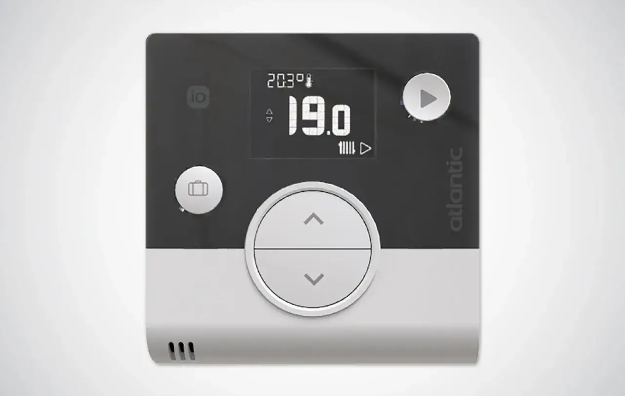 Thermostat Navilink A59 : notice d'utilisation. Affichage température 19°C, boutons de réglage, icône valise et lecture.