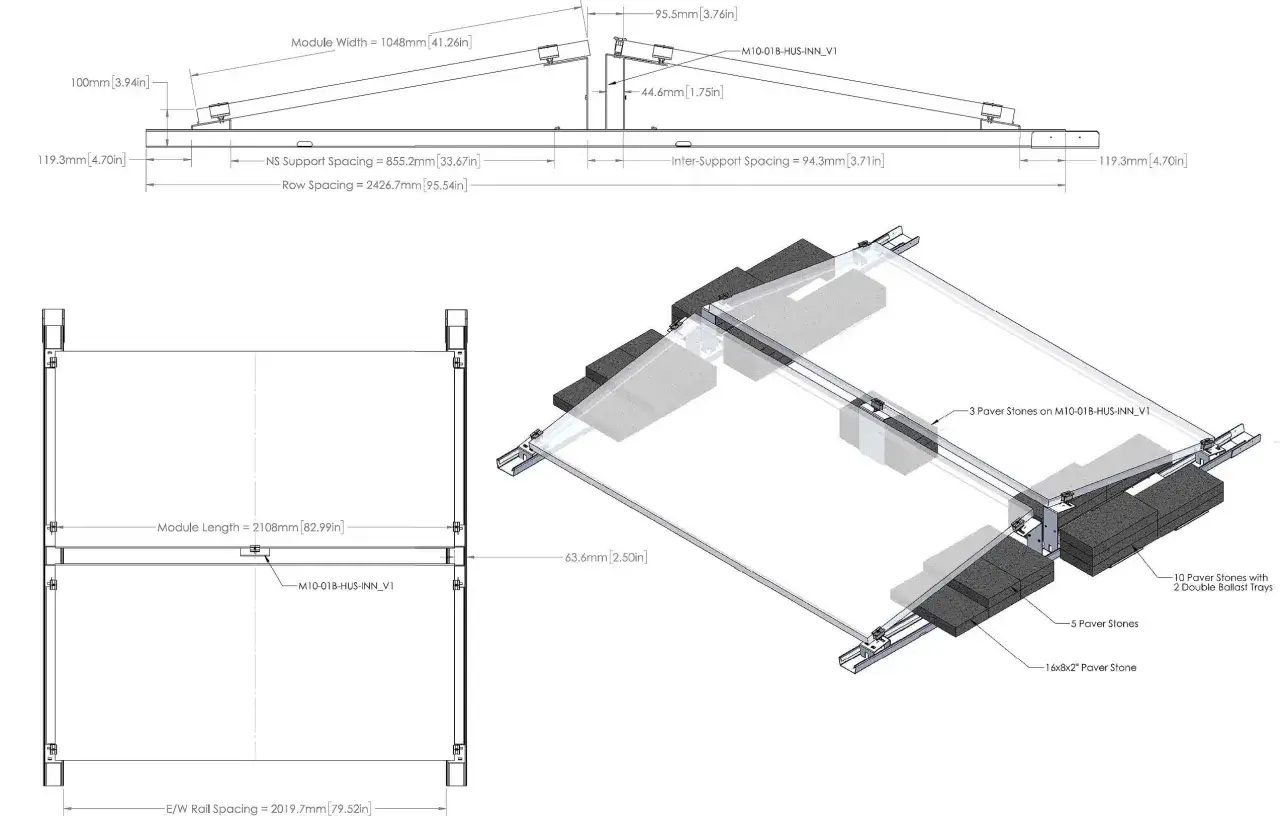 Sch&eacute;ma technique d'une structure de montage pour une centrale photovolta&iuml;que, montrant les dimensions et les composants, notamment les pierres de lestage.