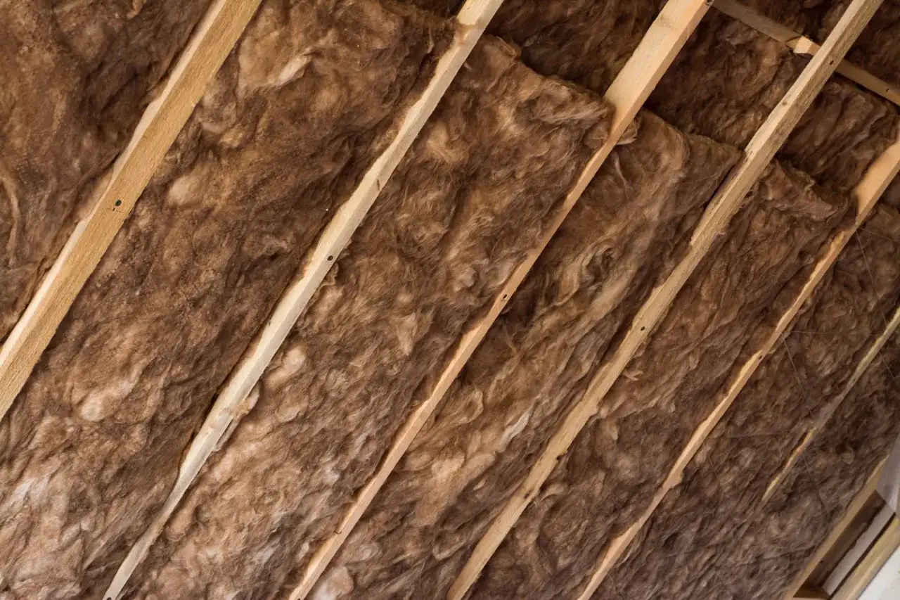 Isolation d'un grenier avec de la ouate de cellulose ou de la laine de roche, entre des chevrons en bois.