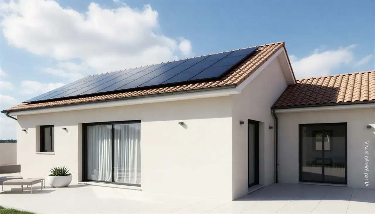 Maison moderne avec panneaux solaires sur le toit, optimisant le rendement pour une &eacute;nergie propre.