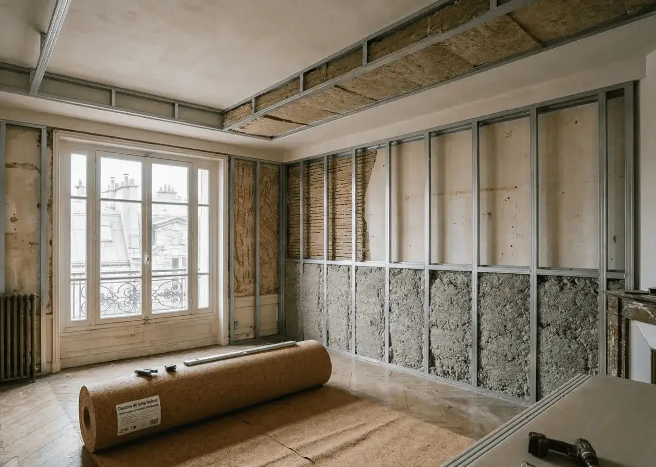 Travaux de rénovation : murs et plafond en cours d'isolation phonique avec laine minérale. Rouleau de liège au sol.