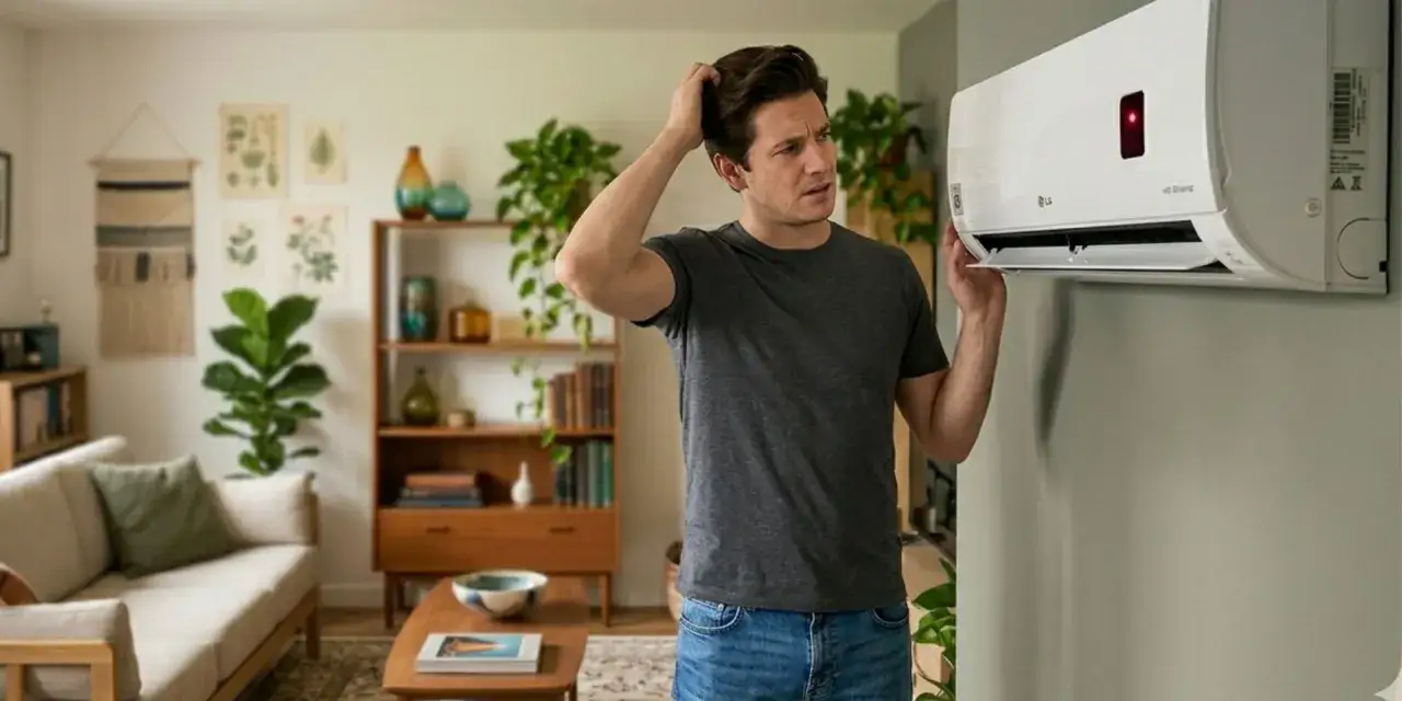 Un homme perplexe regarde son clim Fujitsu dont le voyant timer clignote 2 fois. Il se gratte la t&ecirc;te, cherchant une solution.