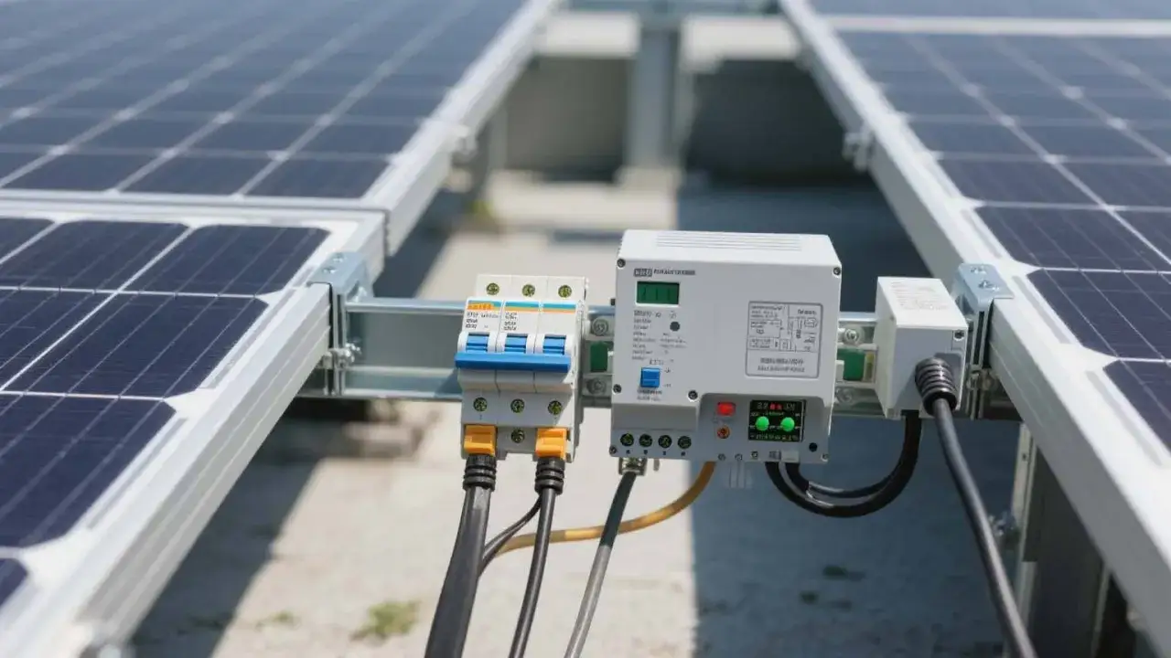 Disjoncteurs et bo&icirc;tier de contr&ocirc;le pour un sch&eacute;ma de branchement panneau solaire autoconsommation.