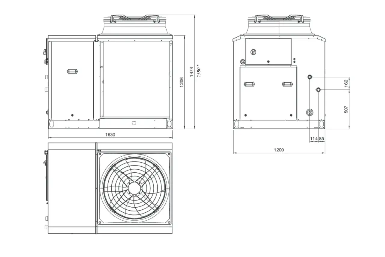 Schéma technique d'une pompe à chaleur avec dimensions. La puissance de la pompe à chaleur est indiquée par les mesures.