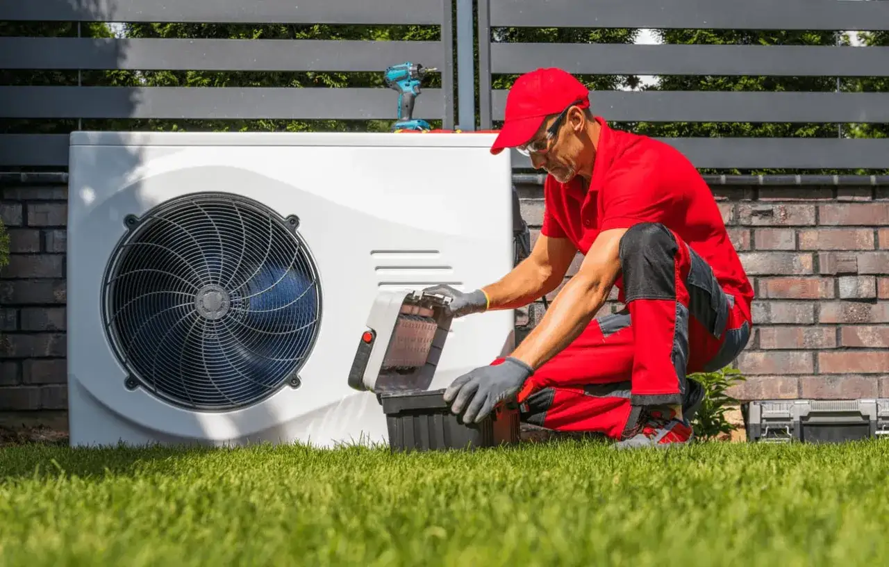 Un technicien v&eacute;rifie une pompe &agrave; chaleur, un &eacute;l&eacute;ment cl&eacute; pour la dur&eacute;e de vie d'une pompe &agrave; chaleur.