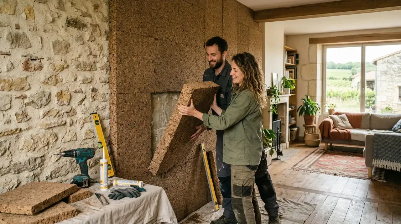 Un couple installe des panneaux d'isolation en li&egrave;ge sur un mur int&eacute;rieur. Avis positif sur ce mat&eacute;riau naturel pour une r&eacute;novation &eacute;cologique.