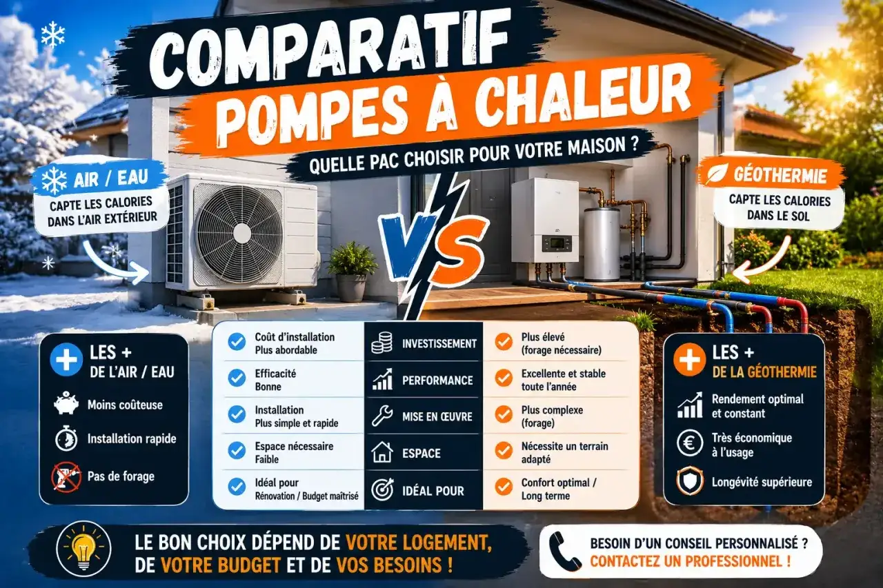 Comparatif pompe &agrave; chaleur air/air ou air/eau vs g&eacute;othermie. L'image compare les avantages et inconv&eacute;nients de chaque syst&egrave;me.