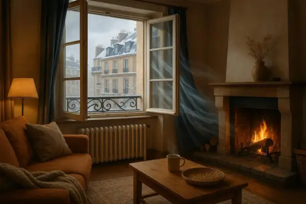 Salon cosy avec feu de cheminée, fenêtre ouverte sur un paysage enneigé. L'air frais circule, offrant une agréable **aération maison**.