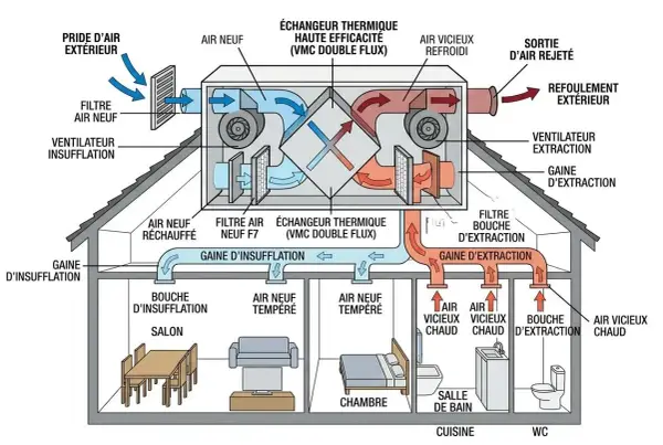 Schéma d'une VMC double flux. Ce système gère l'air intérieur pour éviter l'humidité maison, en filtrant et réchauffant l'air neuf tout en évacuant l'air vicié.