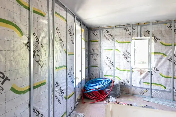 Intérieur en cours d'isolation, murs recouverts de pare-vapeur Isover Vario Xtra. Rouleaux de tuyaux bleus et rouges au sol. Un coup de pouce pour une isolation performante.