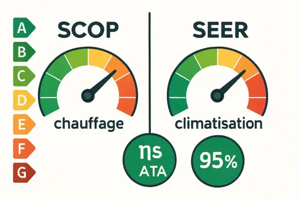 Indicateurs SCOP et SEER pour l'efficacité énergétique saisonnière. Le chauffage est à 95%, la climatisation est bonne.