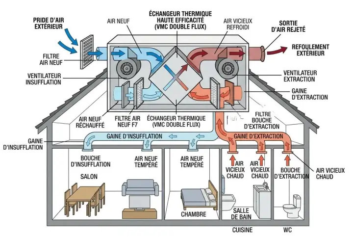 Schéma d'une VMC double flux. Ce système gère l'air intérieur pour éviter l'humidité maison, en filtrant et réchauffant l'air neuf tout en évacuant l'air vicié.