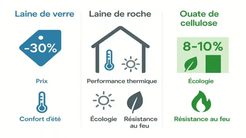 Comparaison : laine de verre (prix), laine de roche (performance thermique, écologie, résistance au feu) et ouate de cellulose (écologie, résistance au feu).